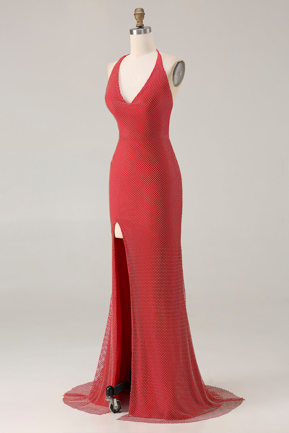 Sparkly Red Halter Mermaid Long Beaded Prom Dress with Slit