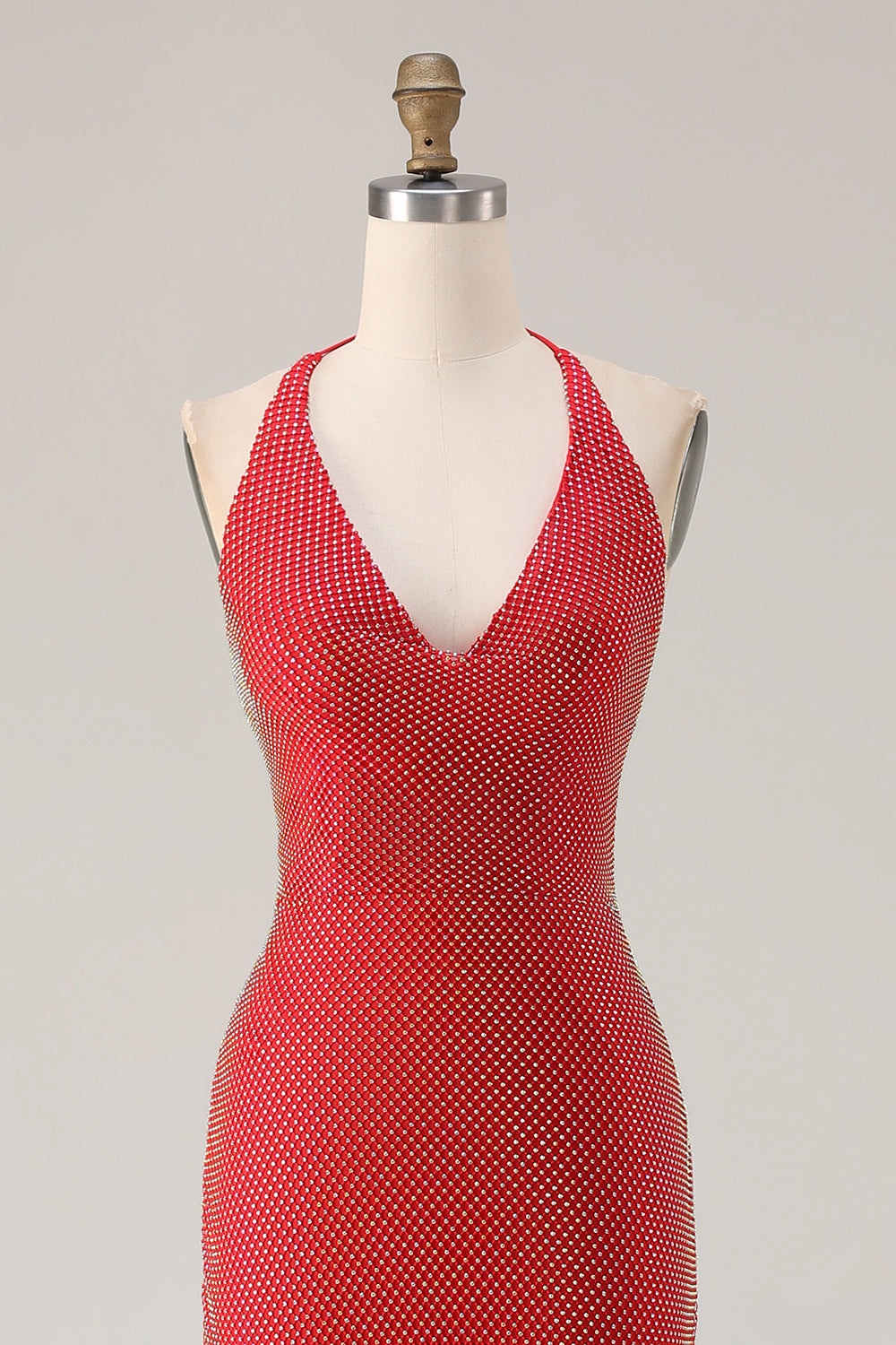 Sparkly Red Halter Mermaid Long Beaded Prom Dress with Slit