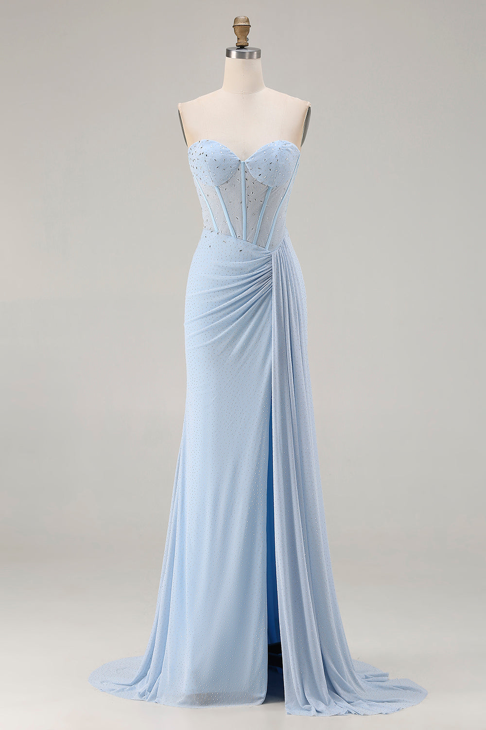 Sparkly Sky Blue Mermaid Sweetheart Long Corset Prom Dress with Slit