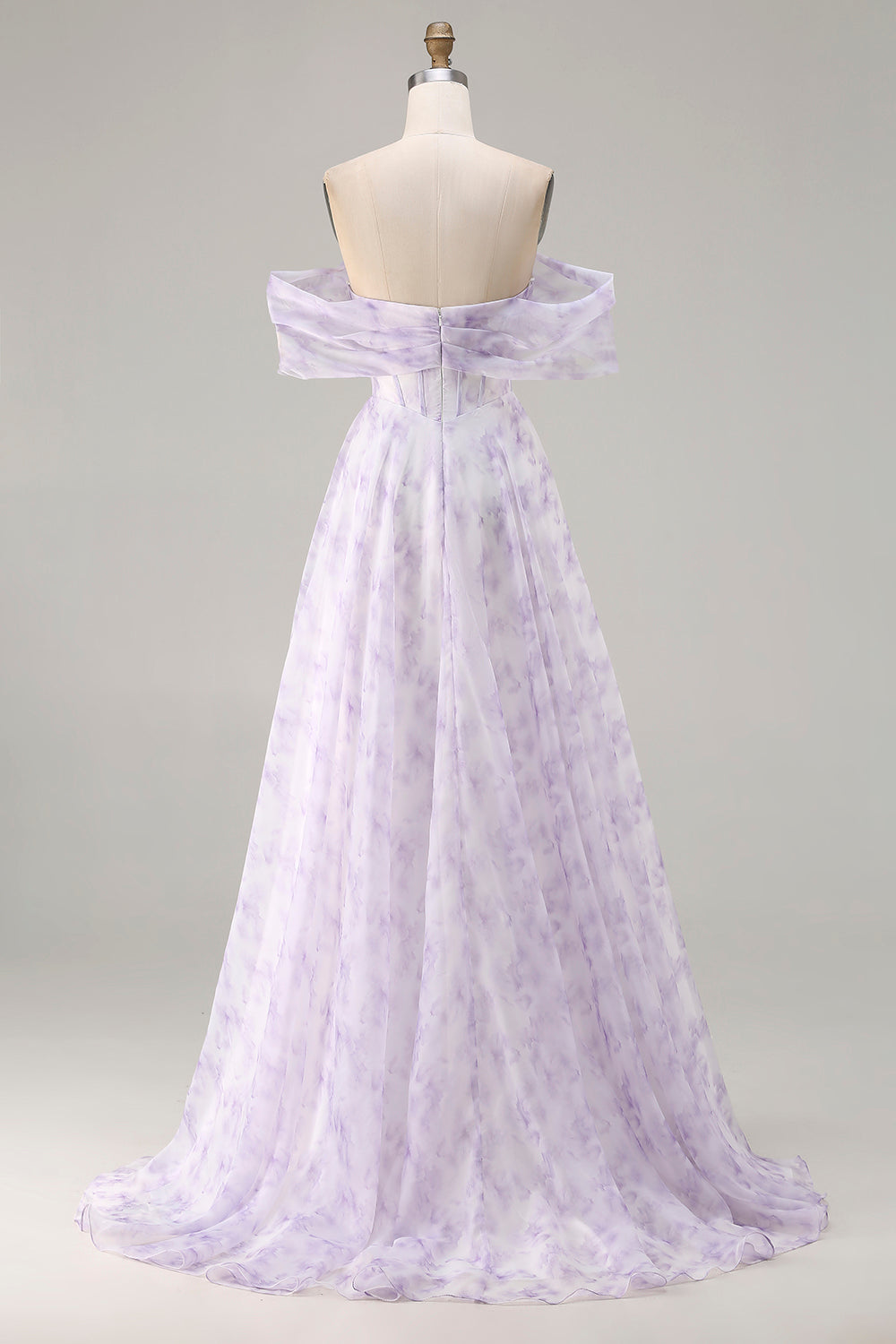 Floral Lilac A Line Corset Off the Shoulder Long Tulle Prom Dress with Slit