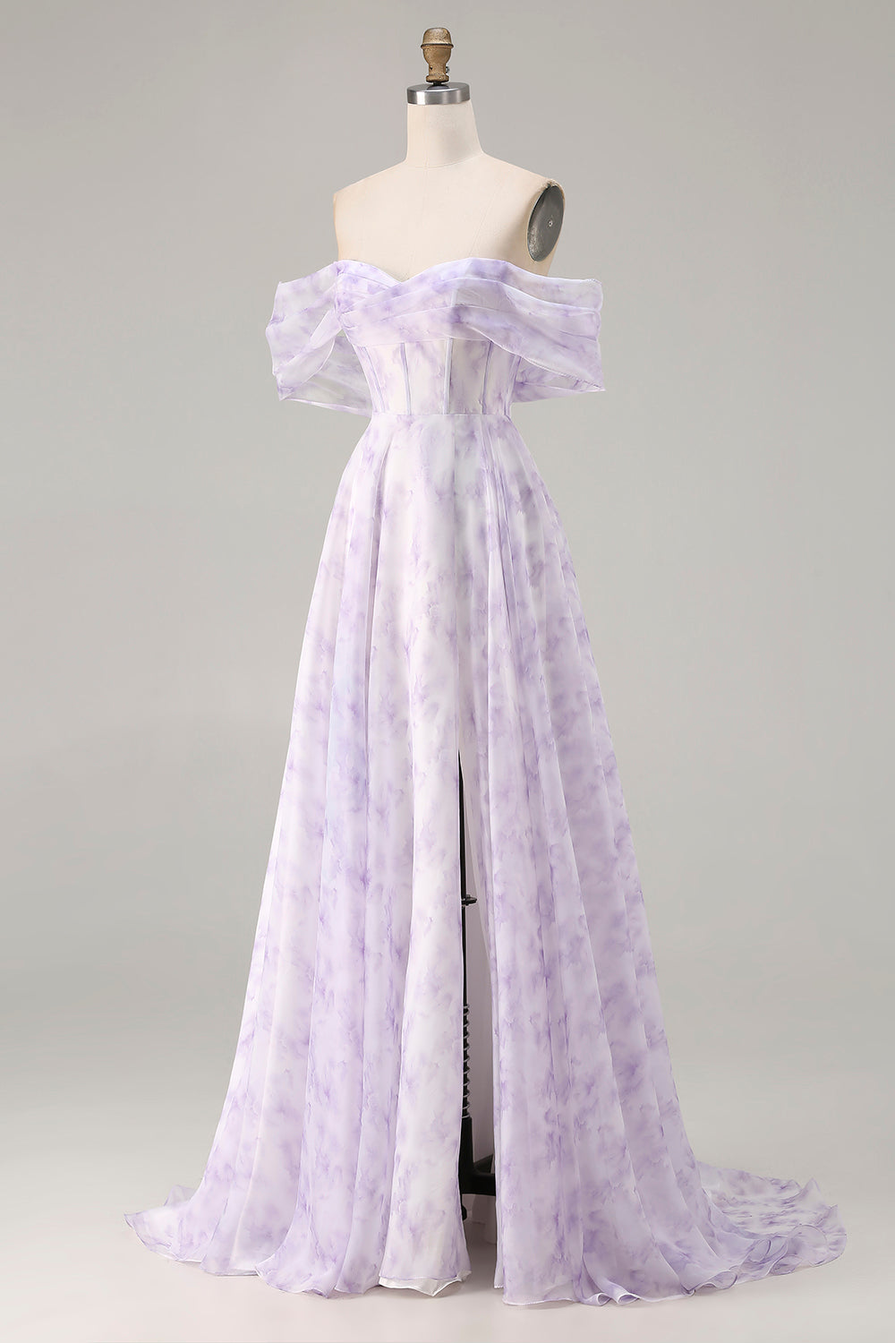 Floral Lilac A Line Corset Off the Shoulder Long Tulle Prom Dress with Slit