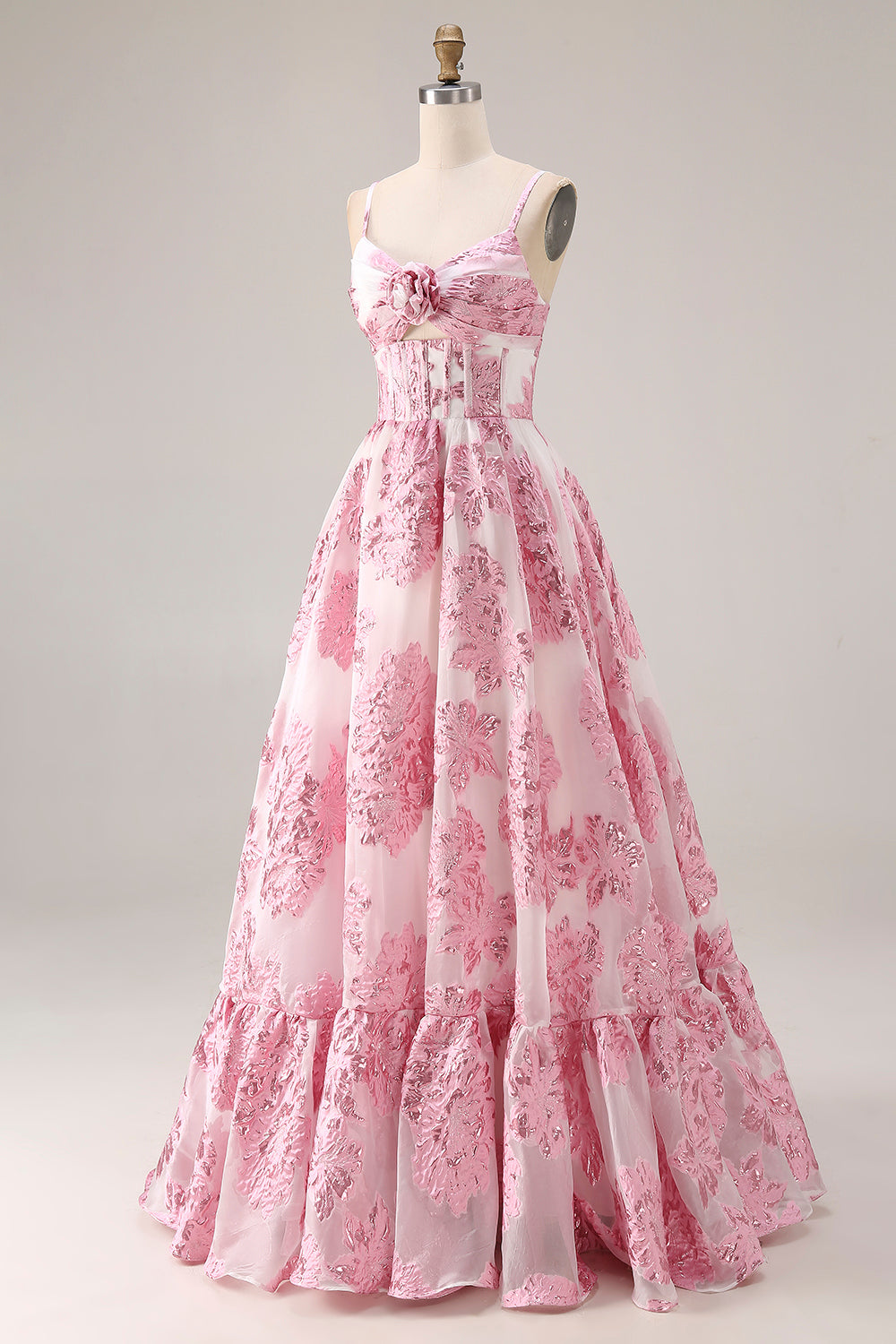 Floral Pink Spaghetti Straps A Line Long Corset Prom Dress with Keyhole