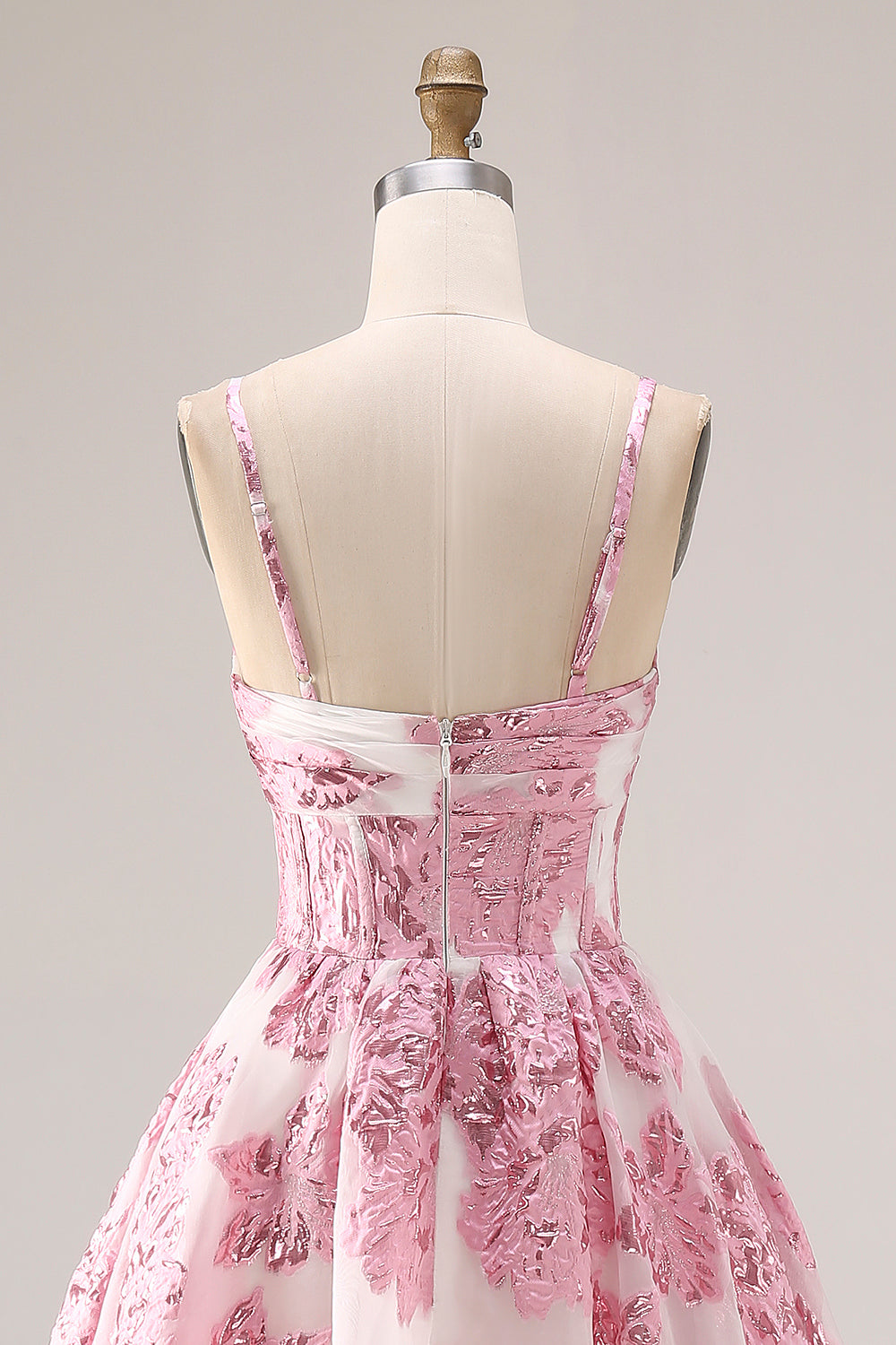 Floral Pink Spaghetti Straps A Line Long Corset Prom Dress with Keyhole