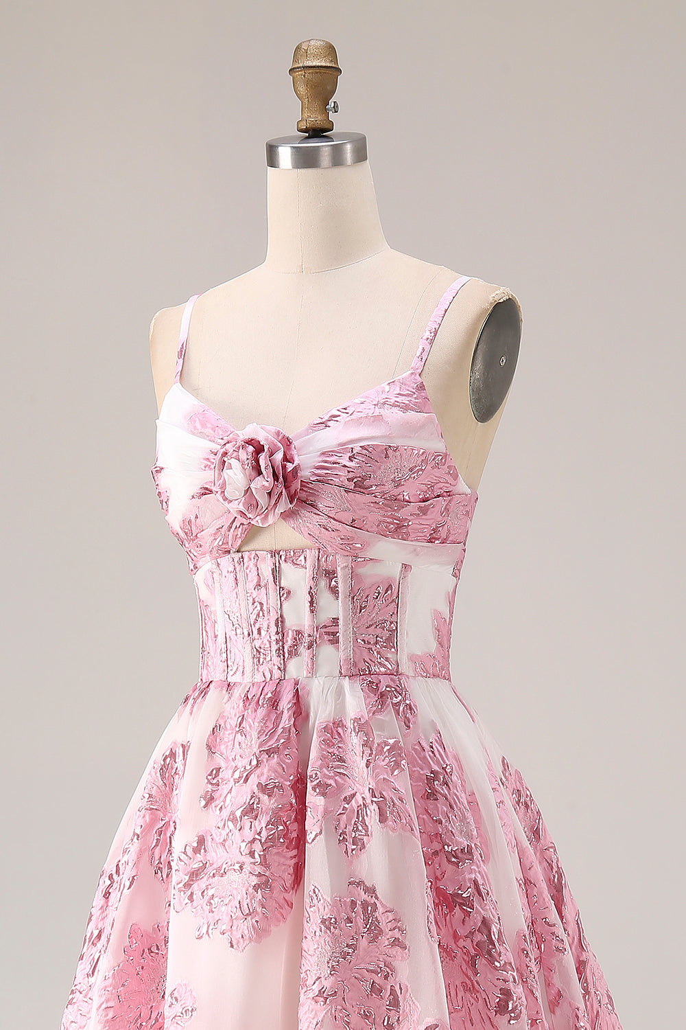 Floral Pink Spaghetti Straps A Line Long Corset Prom Dress with Keyhole