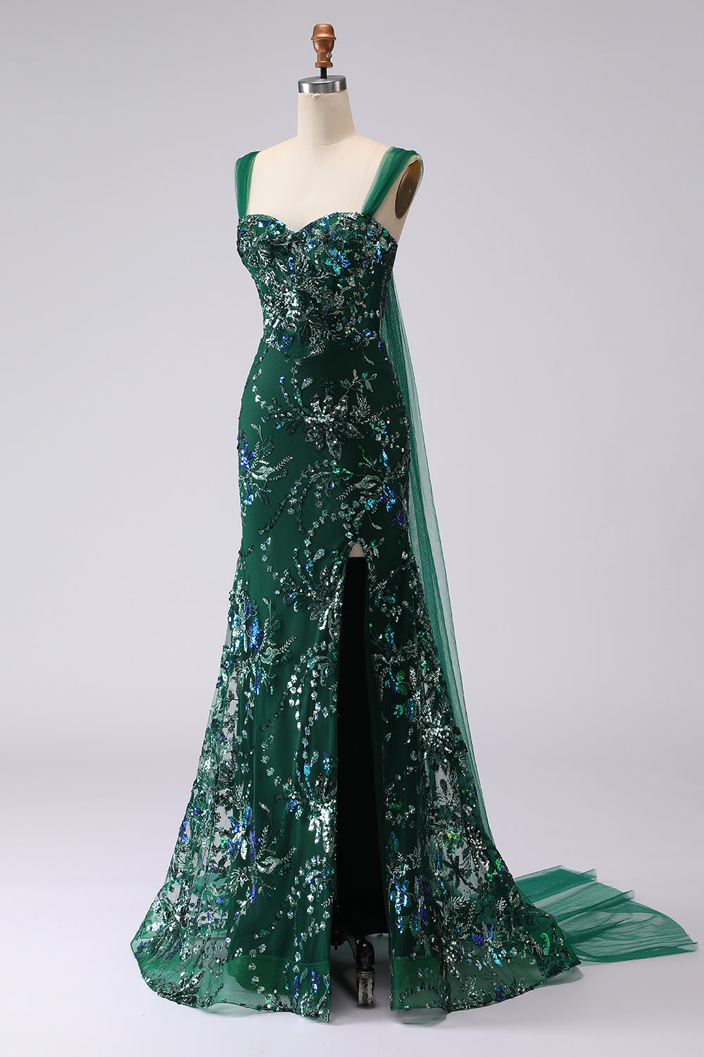 Sparkly Dark Green Mermaid Thick Straps Long Sequins Prom Dress with Slit