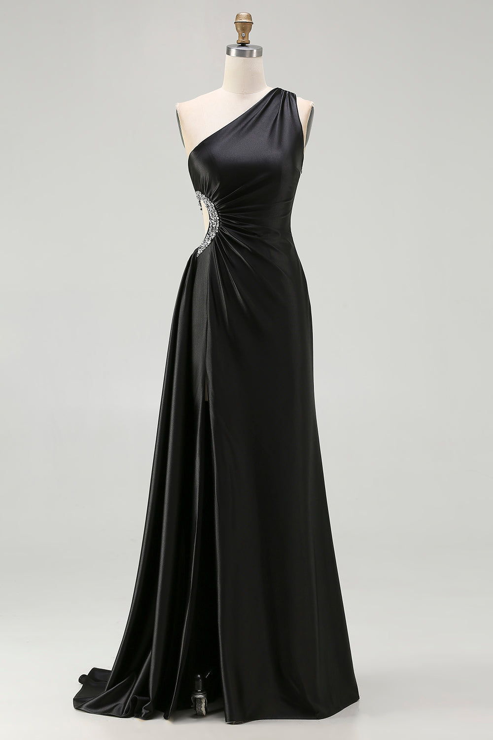 Sparkly Black Satin One Shoulder Cut Out Long Prom Dress with Slit