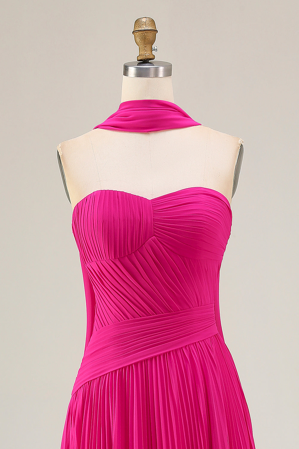 Flowy Fuchsia A-Line Strapless Pleated Neck Scarf Long Prom Dress