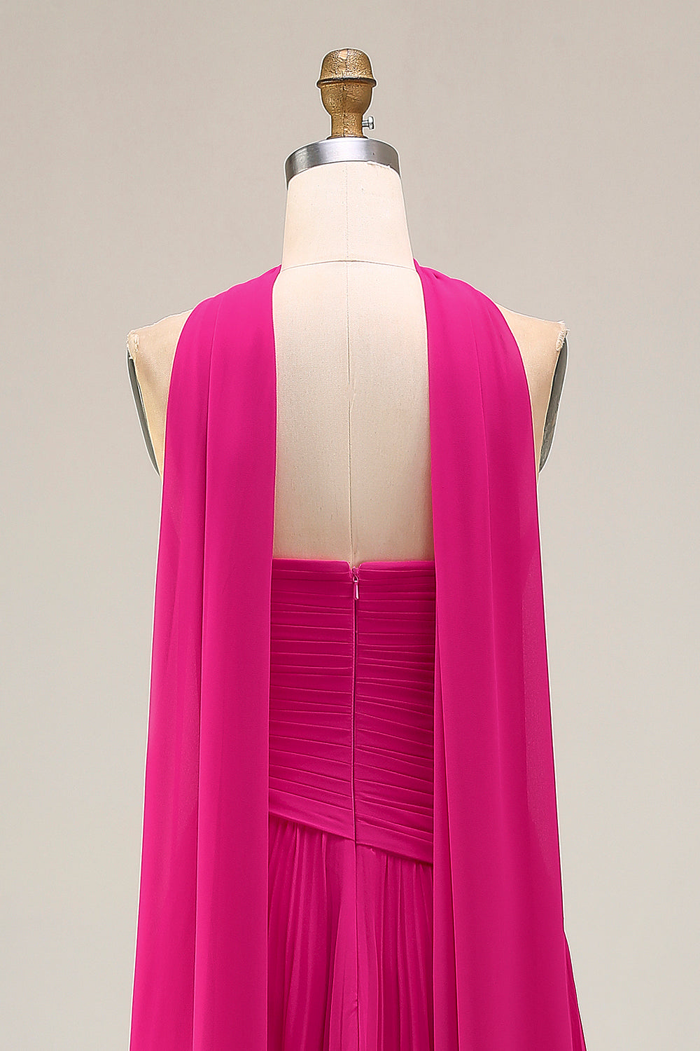 Flowy Fuchsia A-Line Strapless Pleated Neck Scarf Long Prom Dress