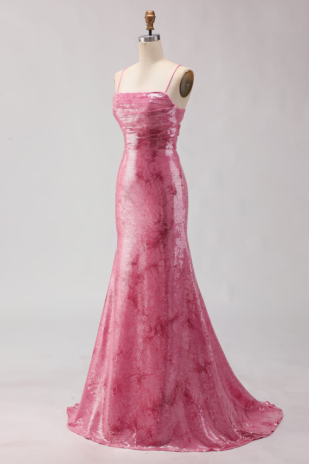 Sparkly Pink Mermaid Spaghetti Straps Long Sequins Prom Dress