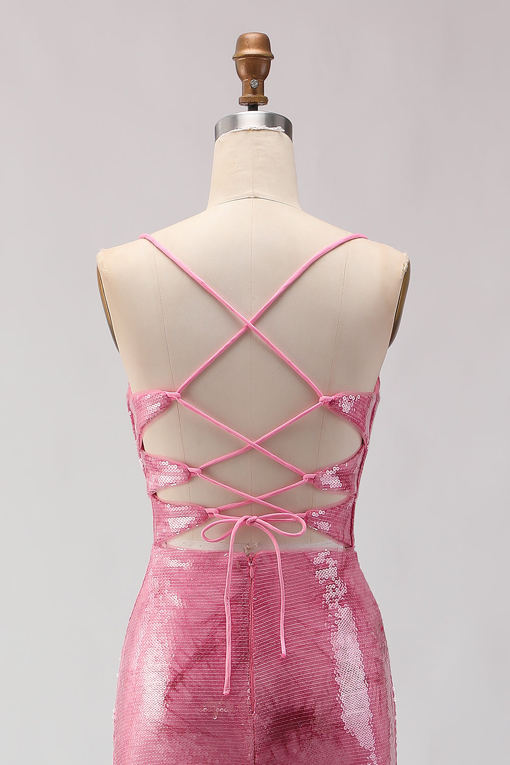 Sparkly Pink Mermaid Spaghetti Straps Long Sequins Prom Dress