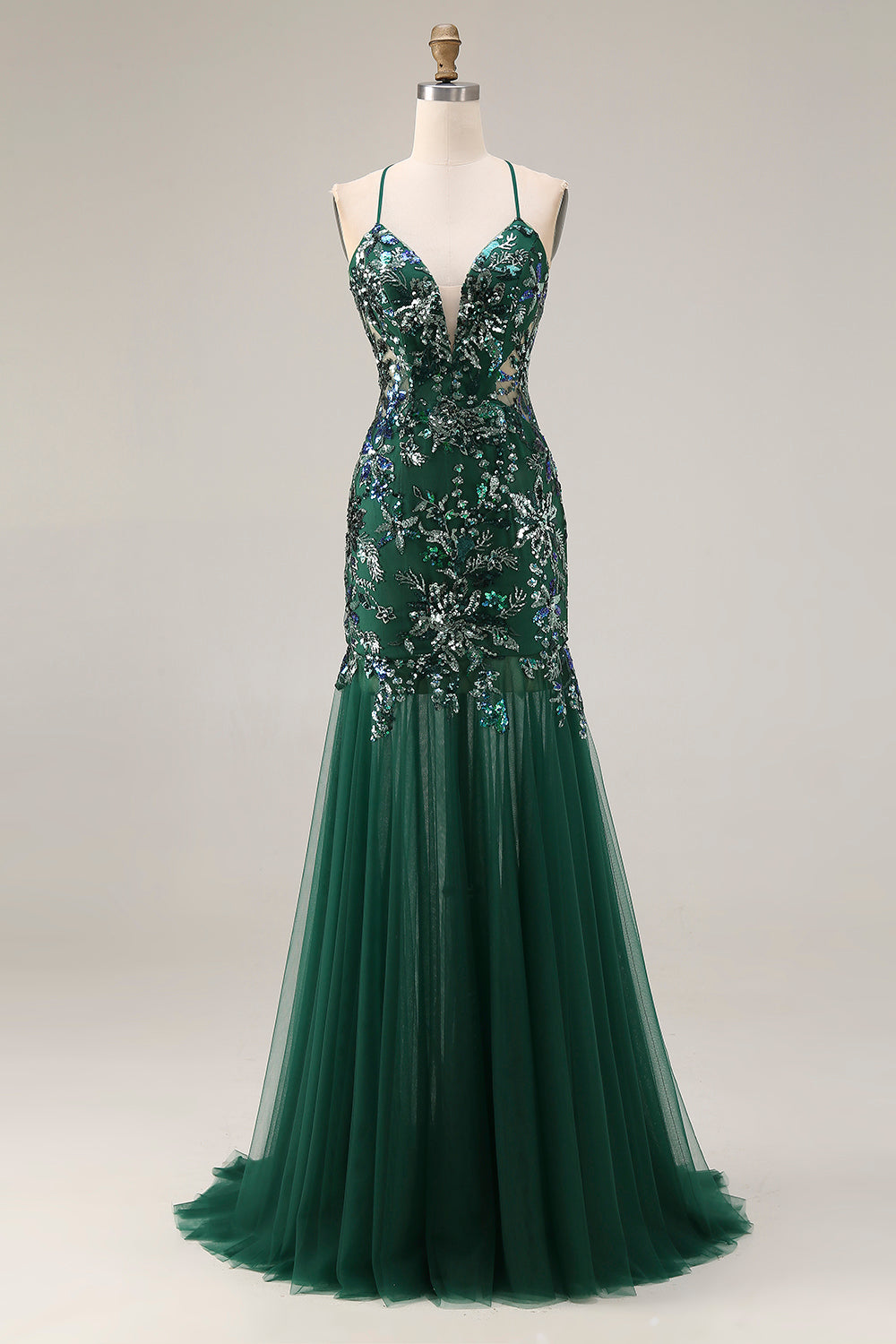 Sparkly Dark Green Sequin Mermaid Long Tulle Prom Dress