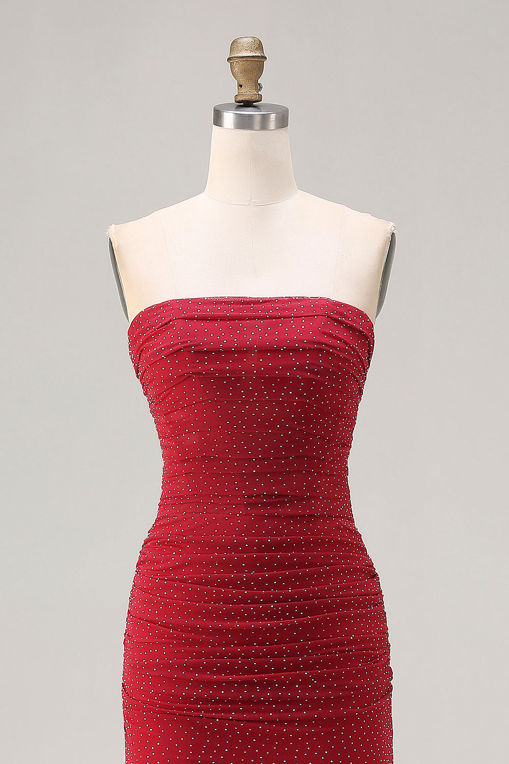 Sparkly Red Polka Dots Strapless Long Beaded Prom Dress