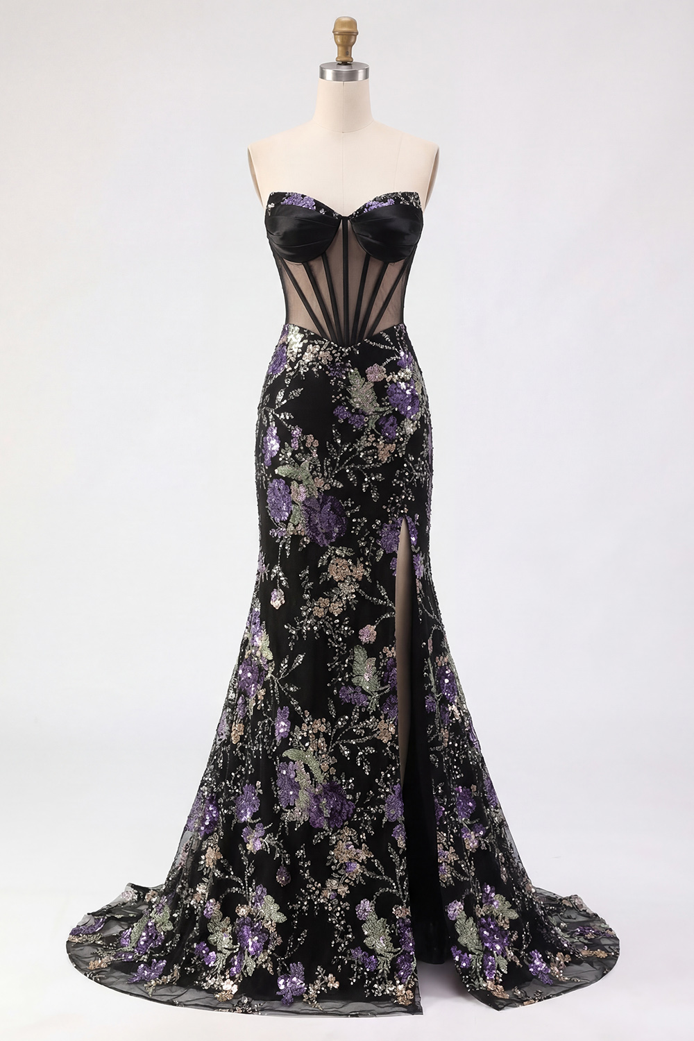 Sparkly Pink Mermaid Beaded Strapless Long Corset Prom Dress with Slit