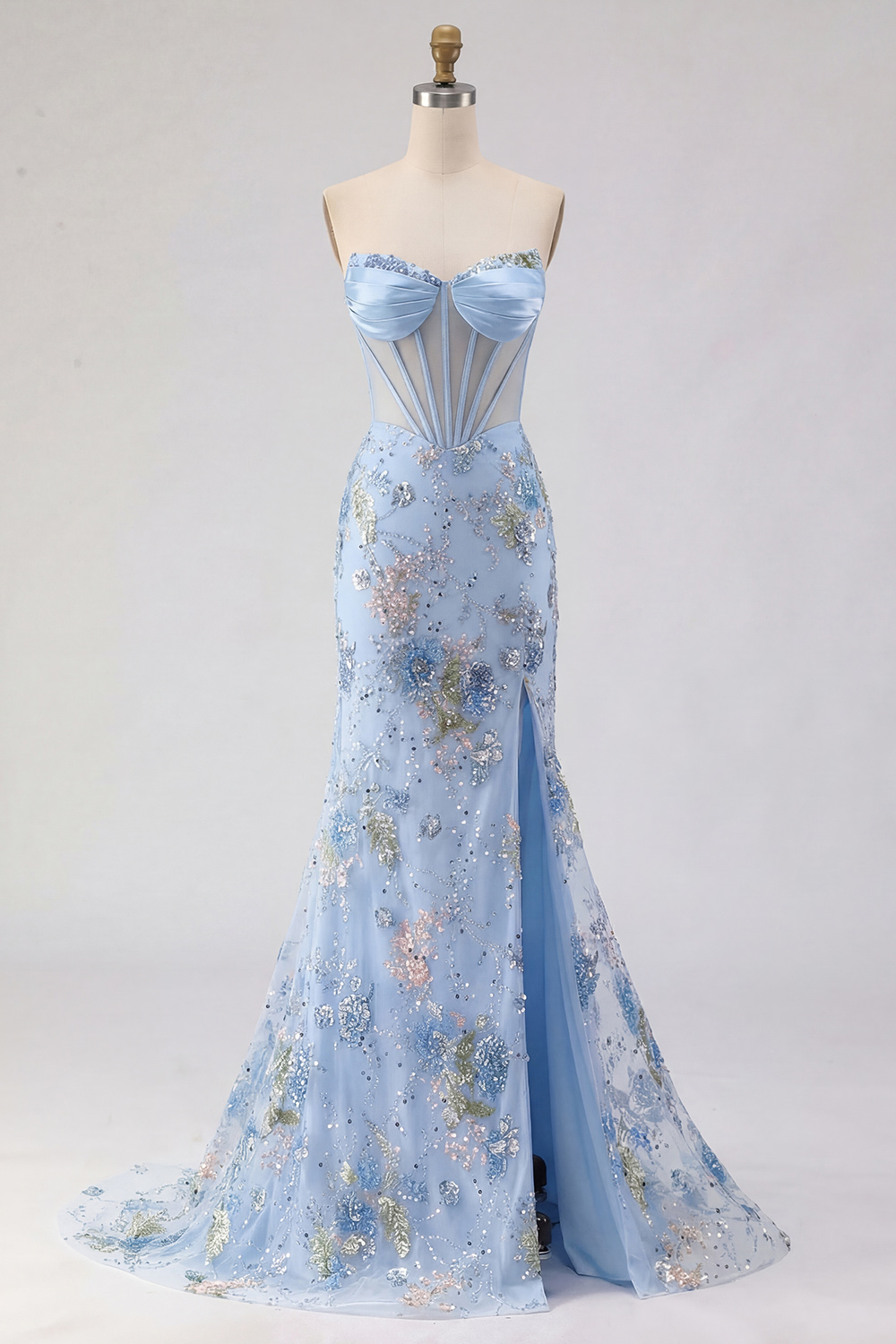 Sparkly Pink Mermaid Beaded Strapless Long Corset Prom Dress with Slit