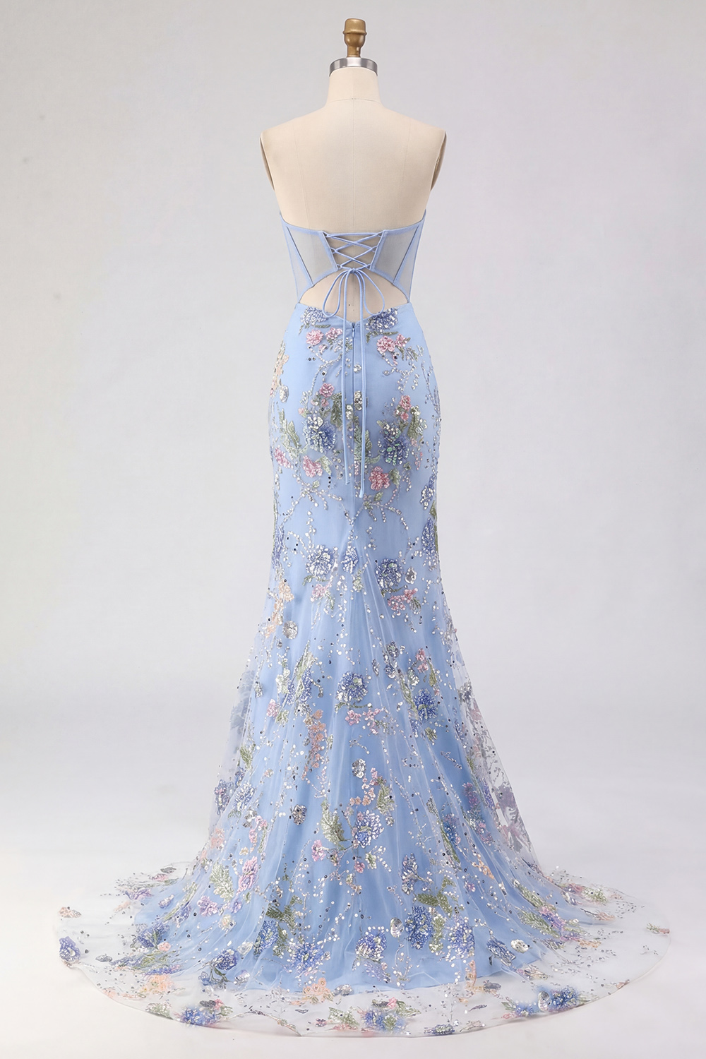 Sparkly Pink Mermaid Beaded Strapless Long Corset Prom Dress with Slit