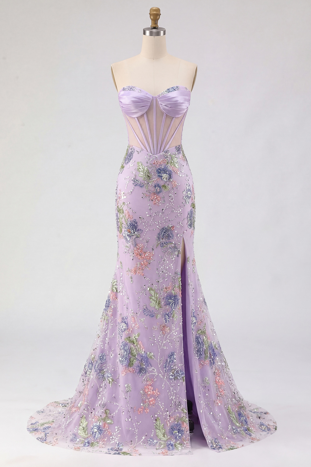 Sparkly Pink Mermaid Beaded Strapless Long Corset Prom Dress with Slit