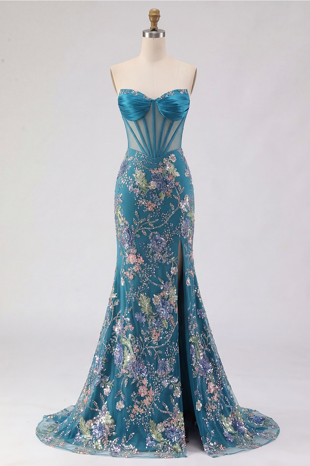 Sparkly Pink Mermaid Beaded Strapless Long Corset Prom Dress with Slit