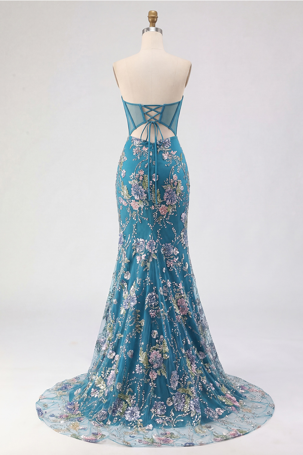 Sparkly Pink Mermaid Beaded Strapless Long Corset Prom Dress with Slit