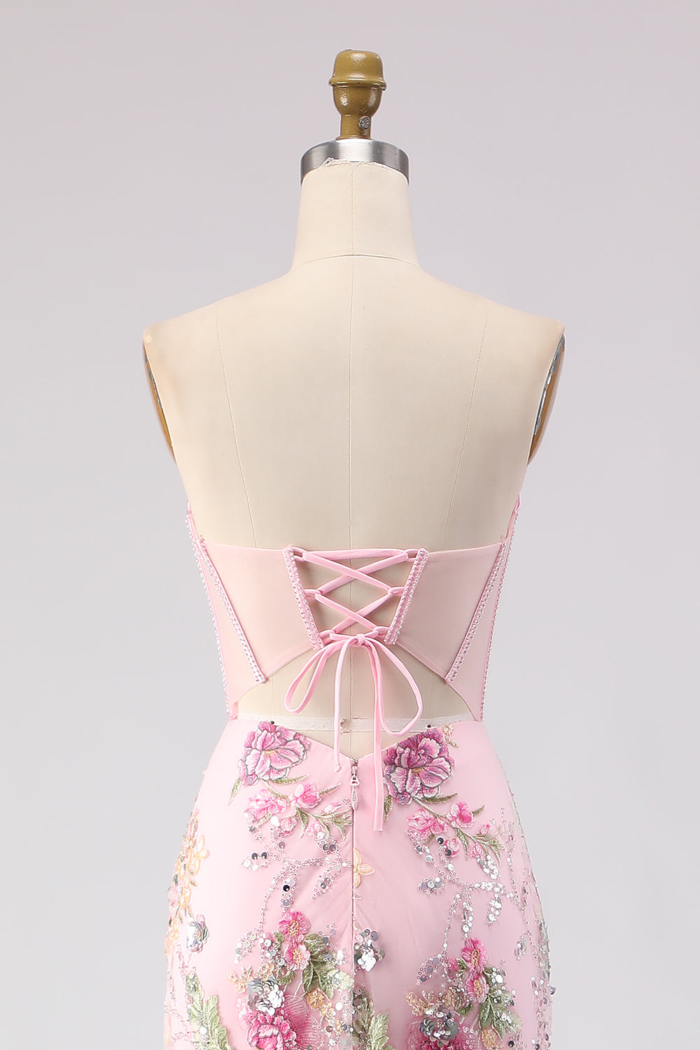 Sparkly Pink Mermaid Beaded Strapless Long Corset Prom Dress with Slit