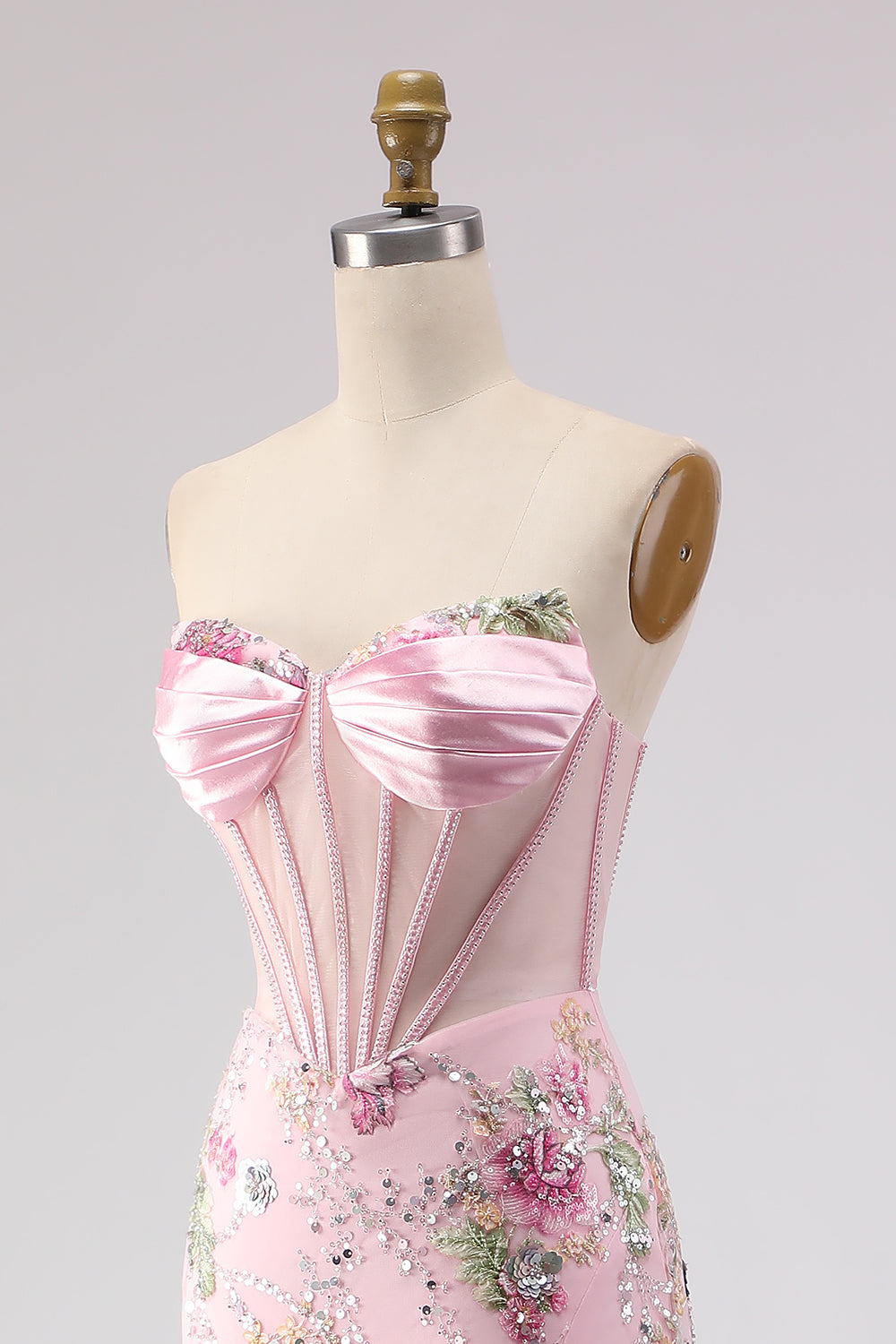 Sparkly Pink Mermaid Beaded Strapless Long Corset Prom Dress with Slit