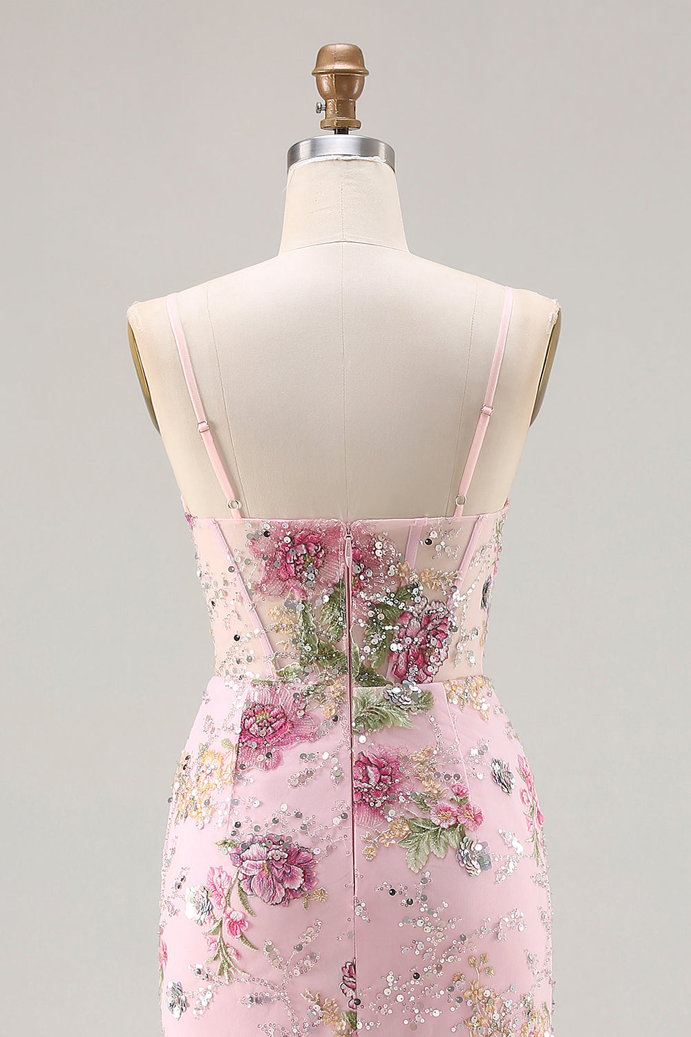 Pink Floral Mermaid Corset Beaded Long Sparkly Prom Dress with Ruffles