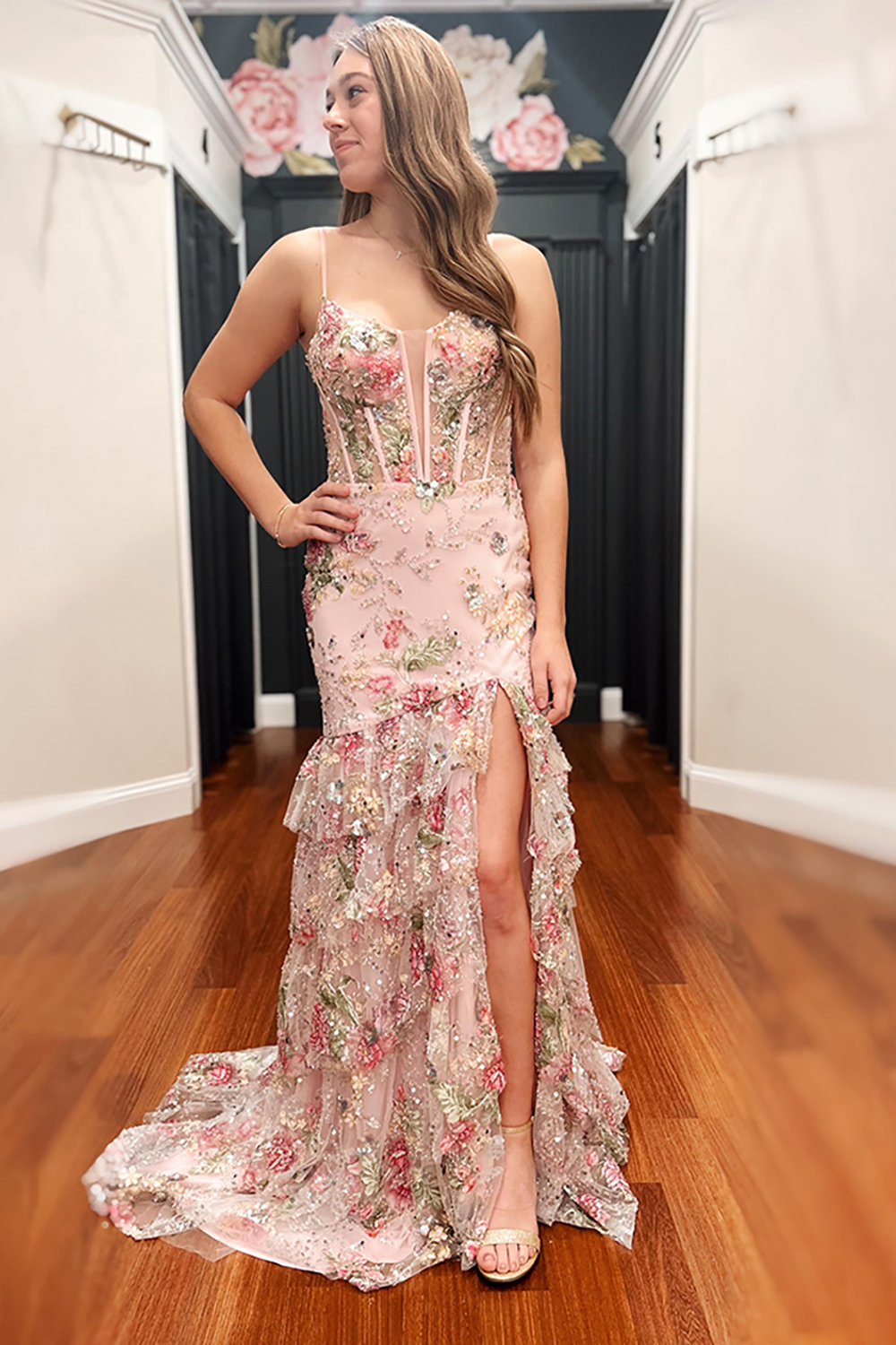 Sparkly Pink Mermaid Corset Beaded Long Floral Prom Dress with Ruffles