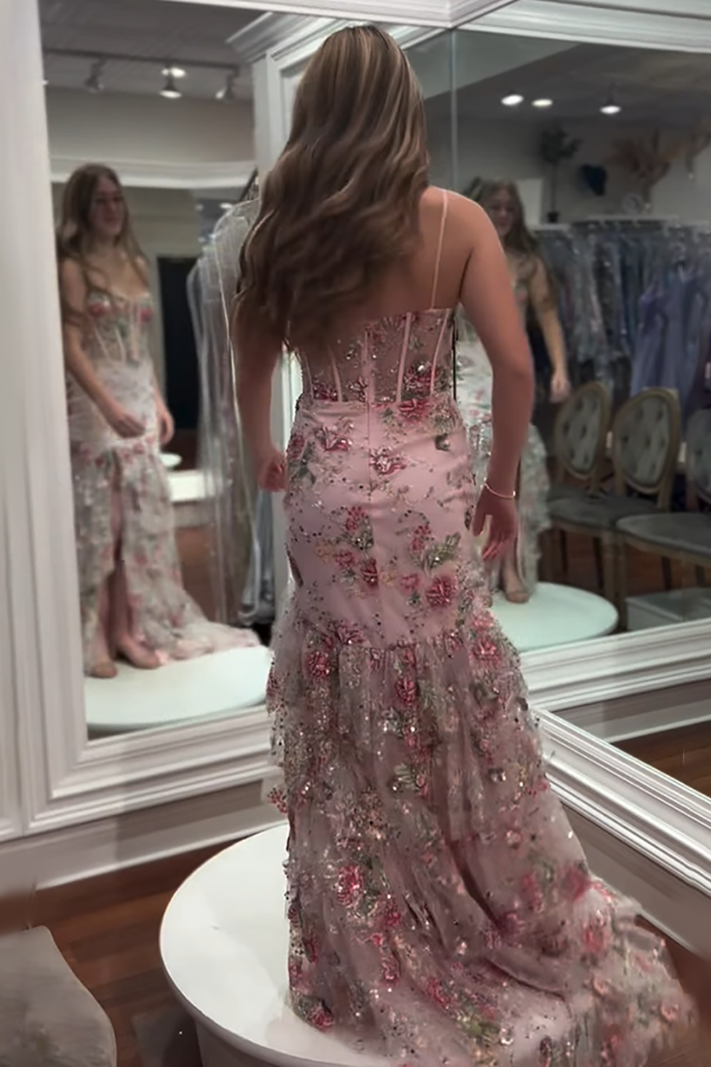 Sparkly Pink Mermaid Corset Beaded Long Floral Prom Dress with Ruffles