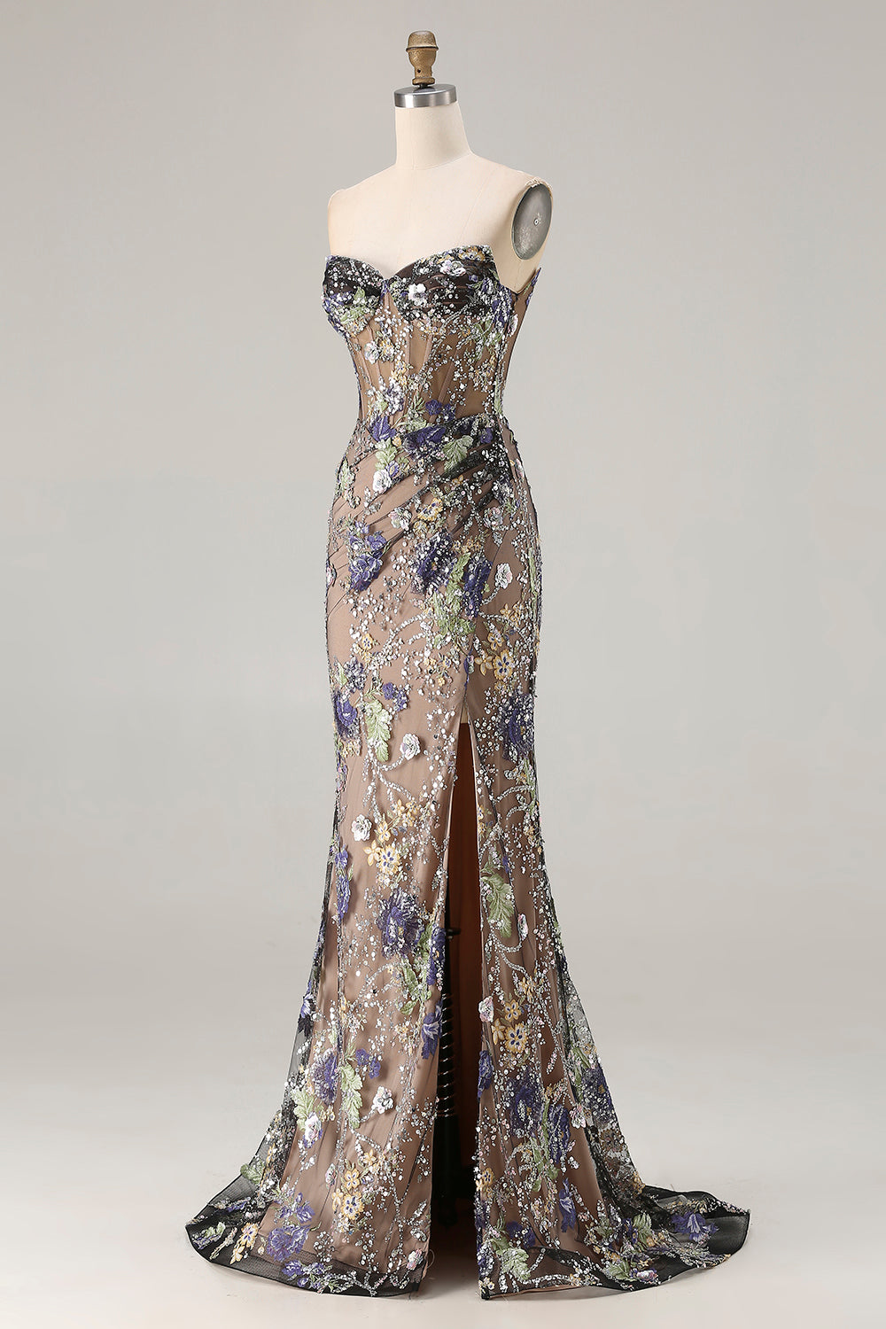 Sparkly Black Strapless Mermaid Floral Long Corset Prom Dress with Slit