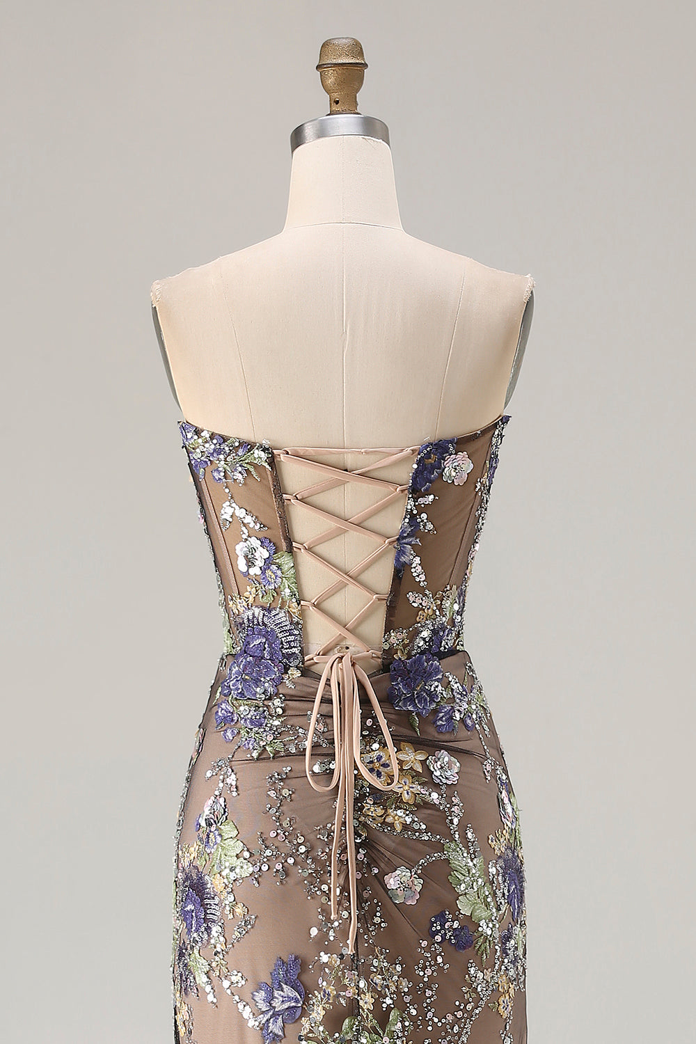 Sparkly Black Strapless Mermaid Floral Long Corset Prom Dress with Slit