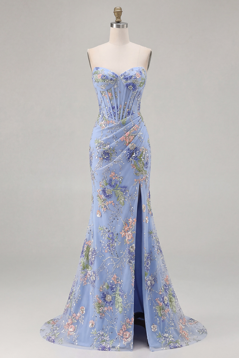 Sparkly Black Strapless Mermaid Floral Long Corset Prom Dress with Slit