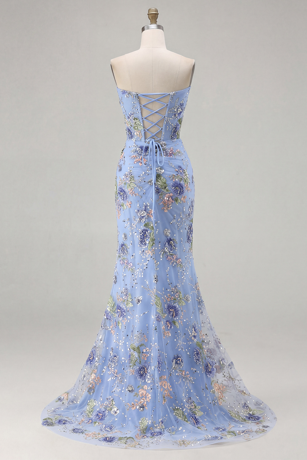 Sparkly Black Strapless Mermaid Floral Long Corset Prom Dress with Slit