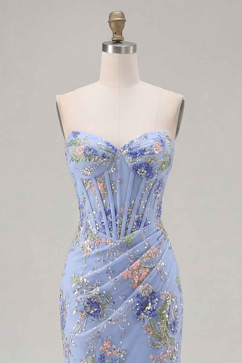 Sparkly Black Strapless Mermaid Floral Long Corset Prom Dress with Slit