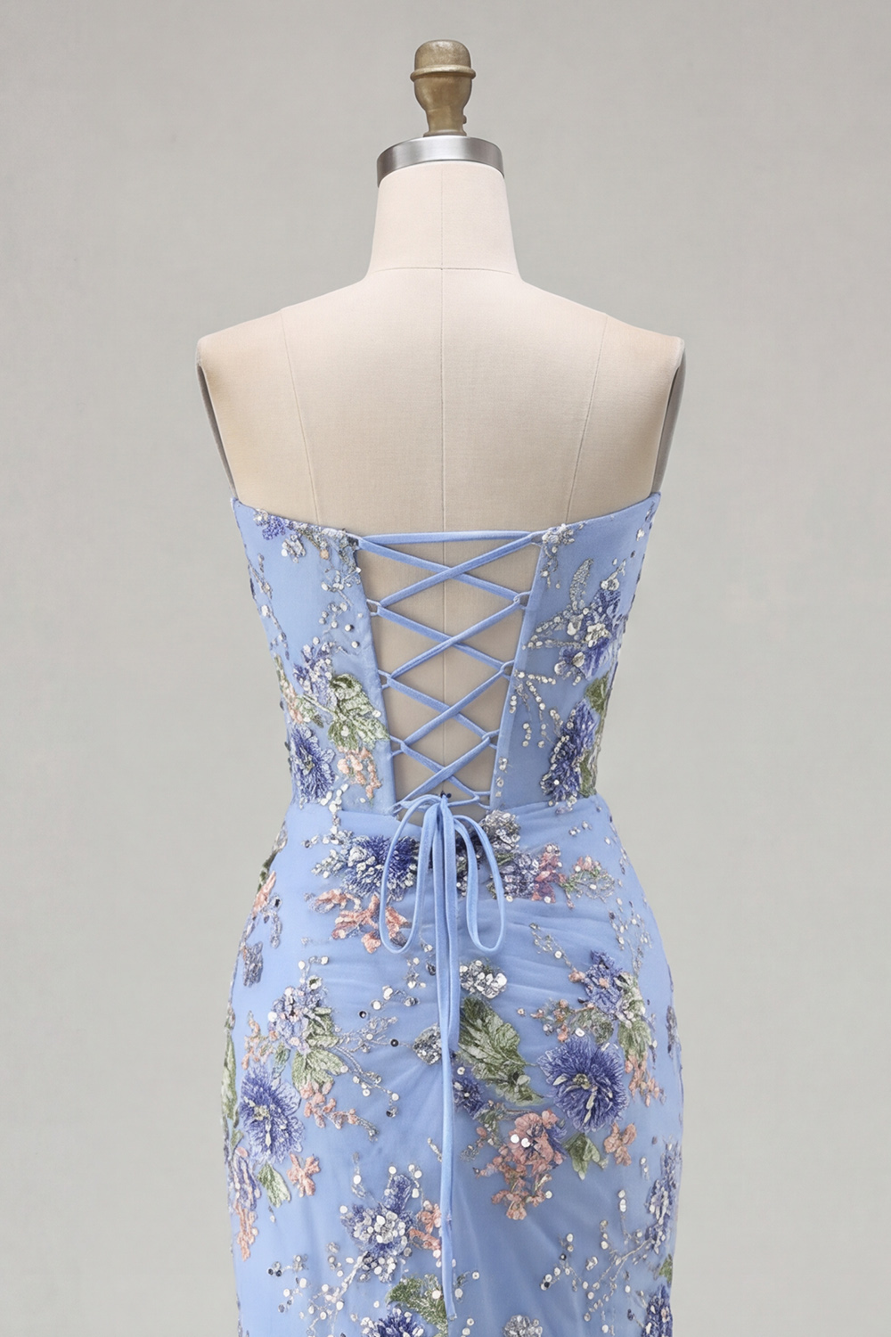 Sparkly Black Strapless Mermaid Floral Long Corset Prom Dress with Slit