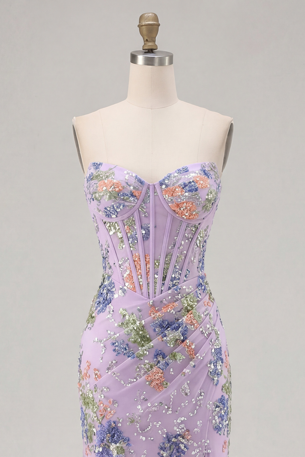 Sparkly Black Strapless Mermaid Floral Long Corset Prom Dress with Slit