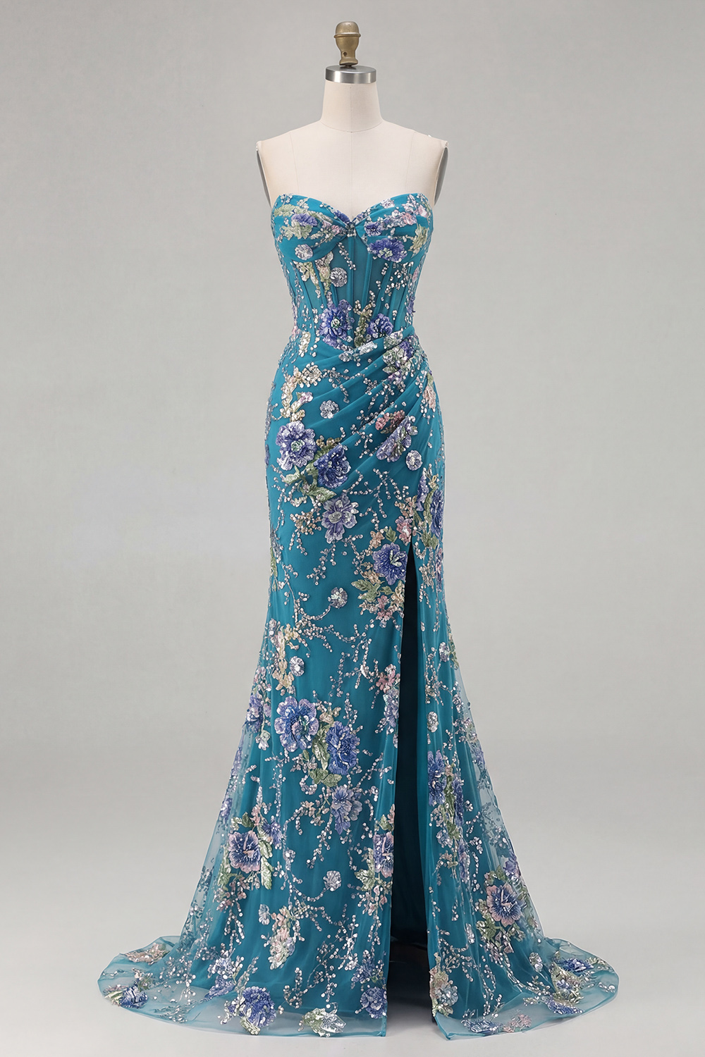 Sparkly Black Strapless Mermaid Floral Long Corset Prom Dress with Slit