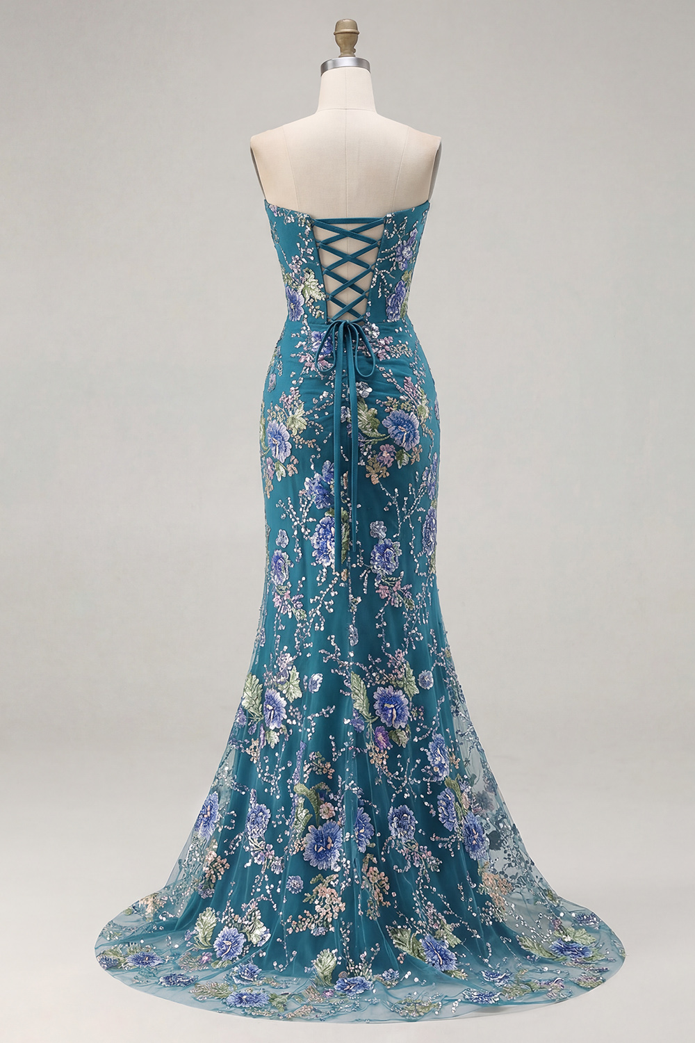 Sparkly Black Strapless Mermaid Floral Long Corset Prom Dress with Slit