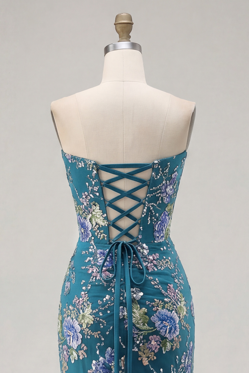 Sparkly Black Strapless Mermaid Floral Long Corset Prom Dress with Slit