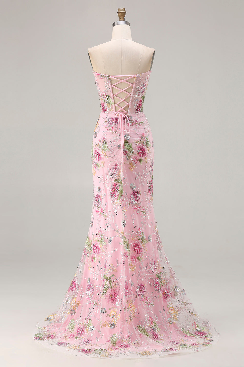 Floral Pink Mermaid Sequin Strapless Long Corset Prom Dress with Slit
