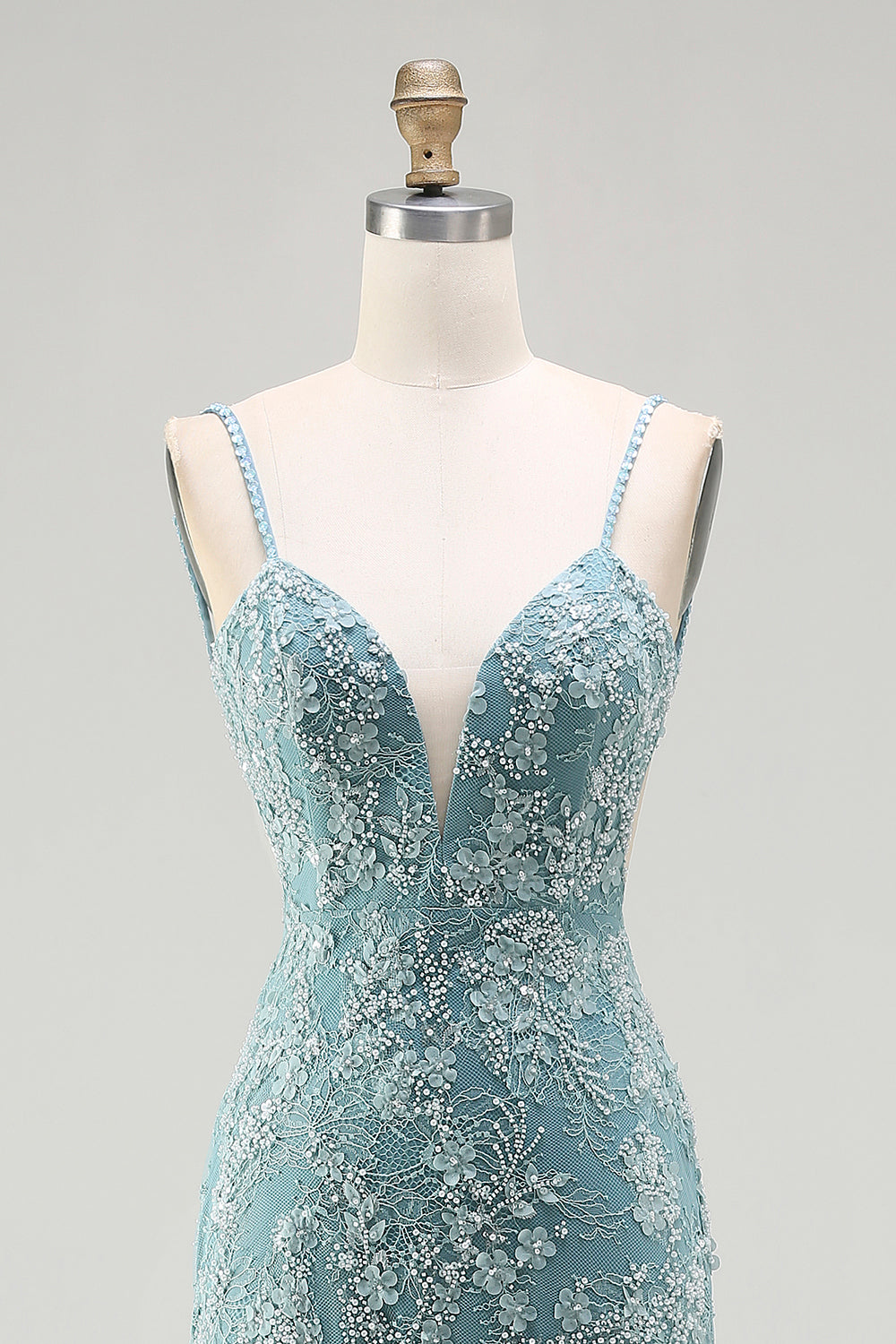 Floral Grey Green Lace Spaghetti Straps Long Mermaid Prom Dress with Slit