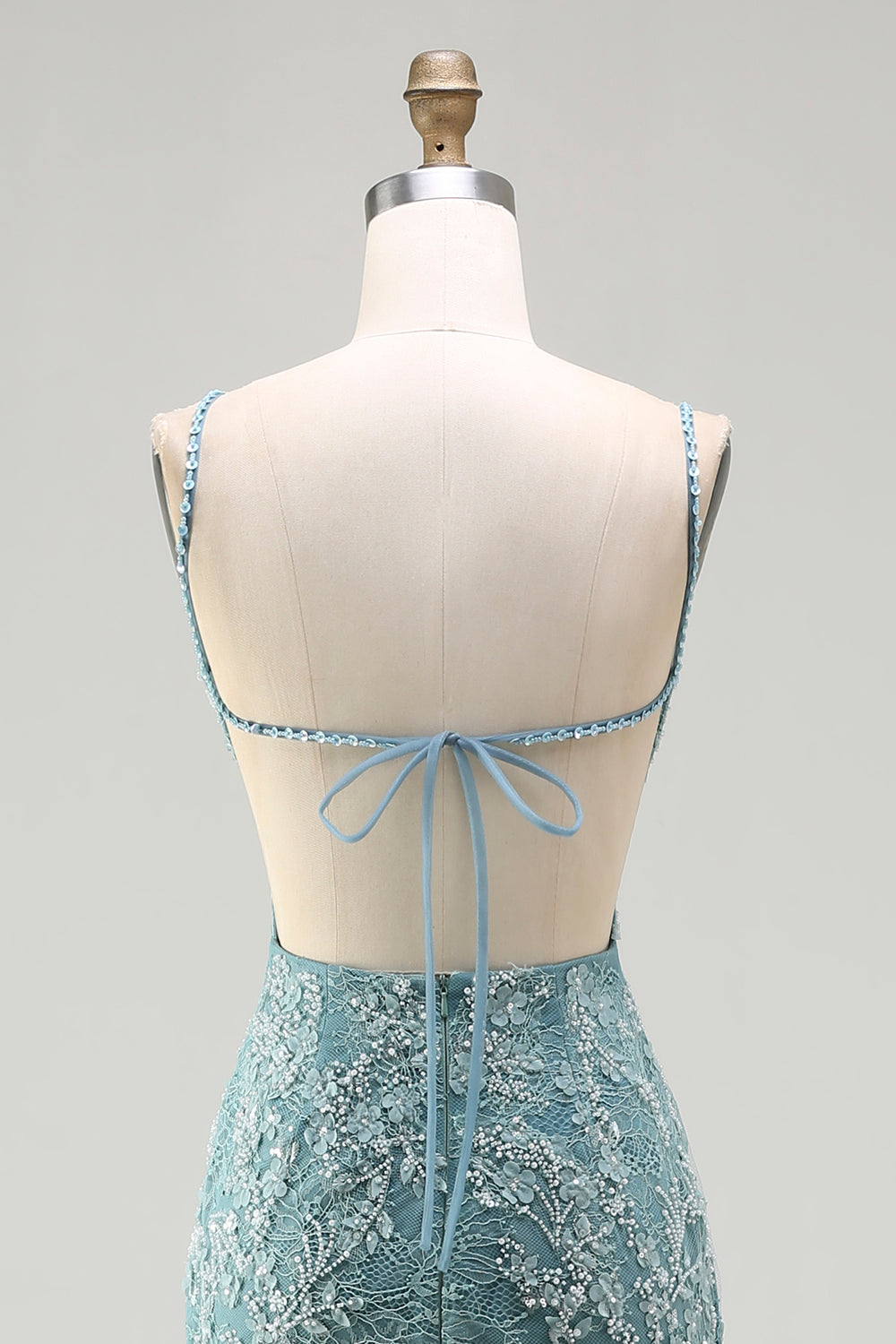 Floral Grey Green Lace Spaghetti Straps Long Mermaid Prom Dress with Slit