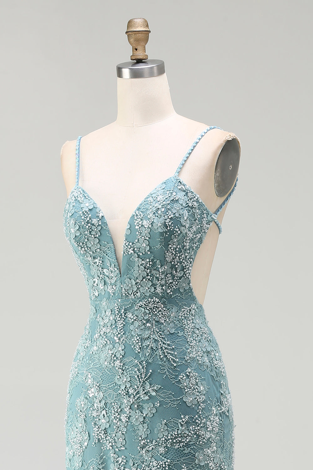 Floral Grey Green Lace Spaghetti Straps Long Mermaid Prom Dress with Slit