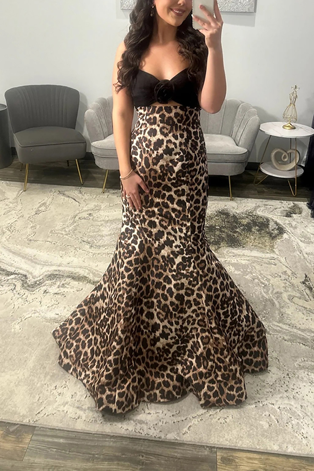 Brown Leopard Print Sweetheart Long Mermaid Prom Dress with Bow
