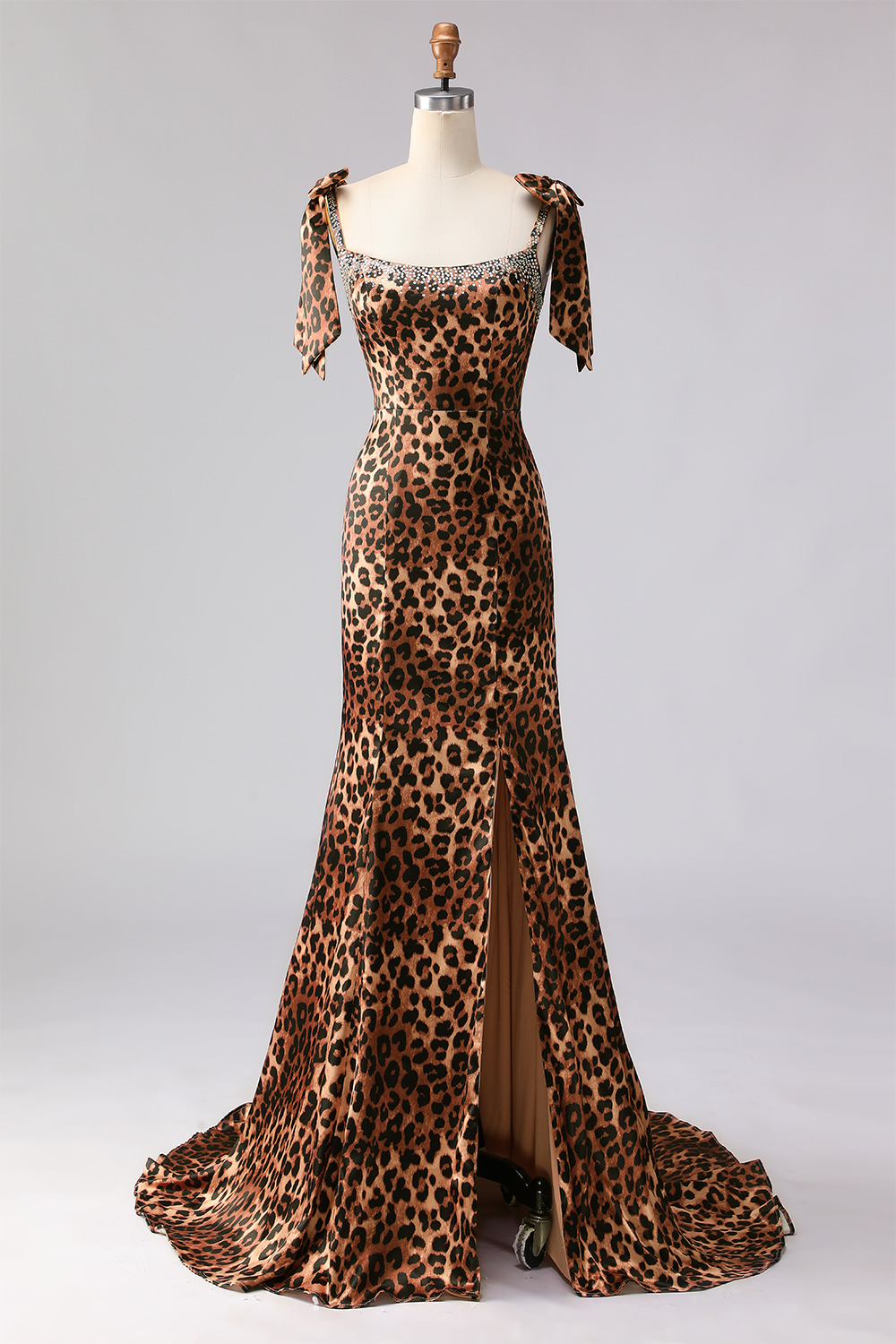 Sparkly Brown Mermaid Leopard Print Long Beaded Prom Dress with Bows