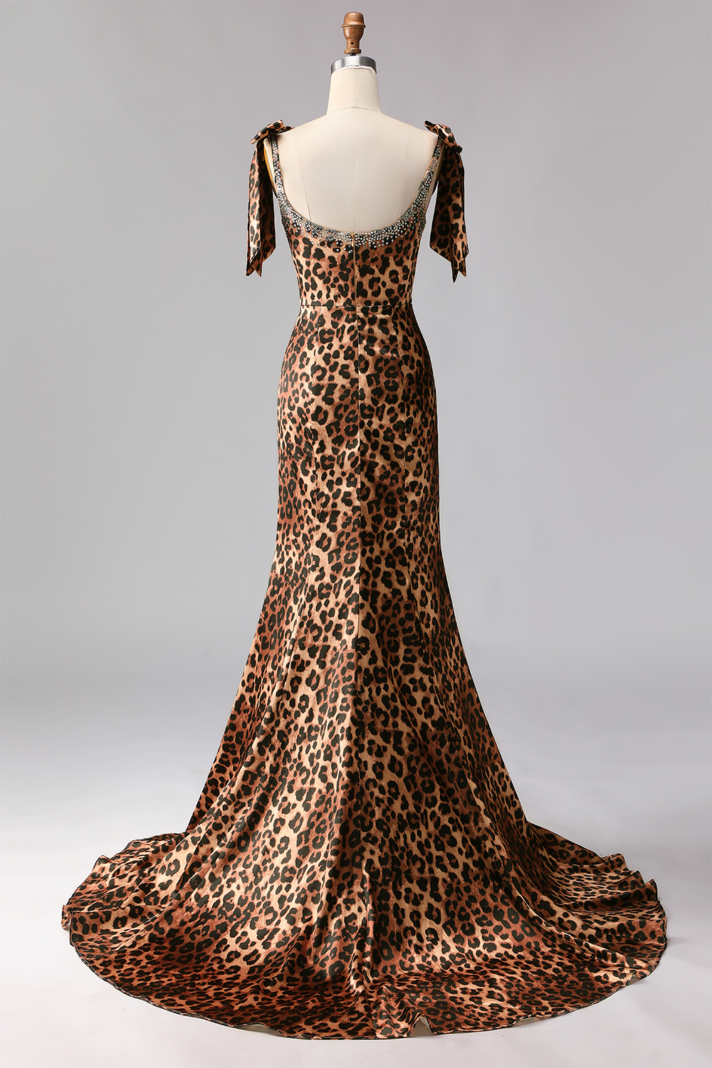 Sparkly Brown Mermaid Leopard Print Long Beaded Prom Dress with Bows