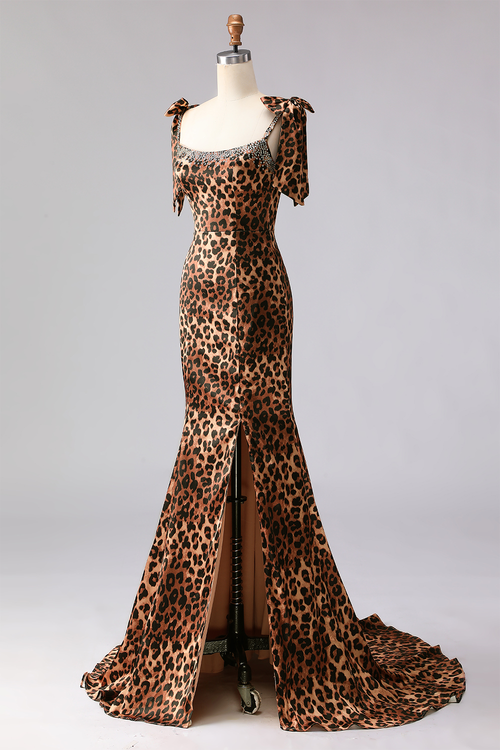 Sparkly Brown Mermaid Leopard Print Long Beaded Prom Dress with Bows