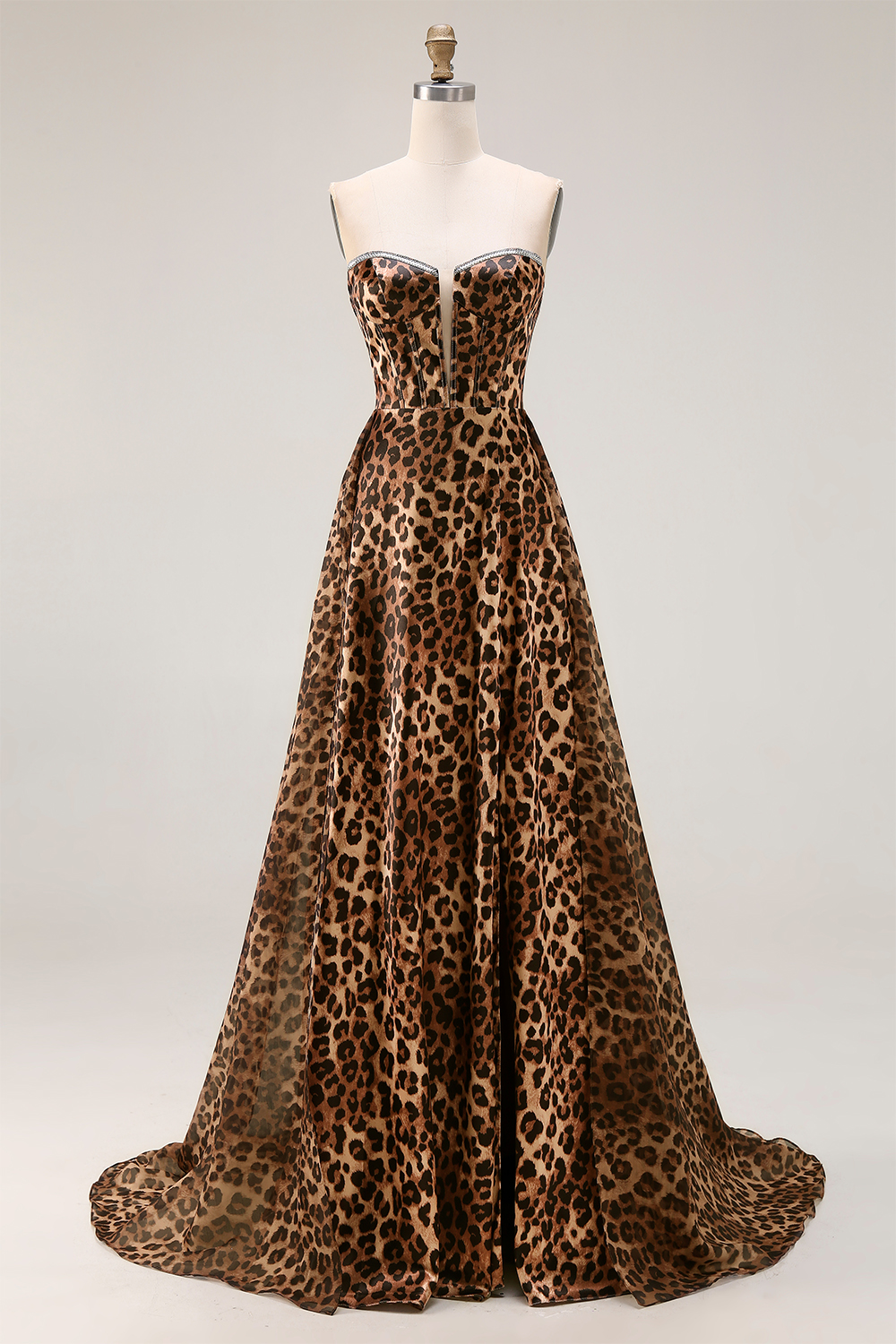 Brown Leopard Print Strapless Ball Gown Long Corset Prom Dress