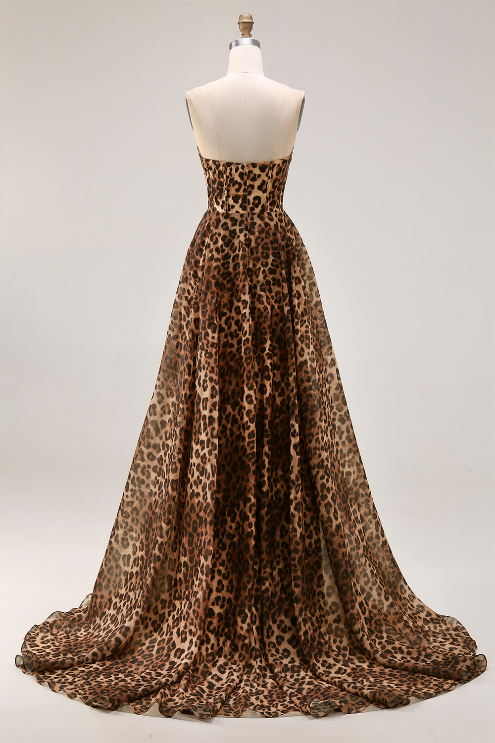Brown Leopard Print Strapless Ball Gown Long Corset Prom Dress