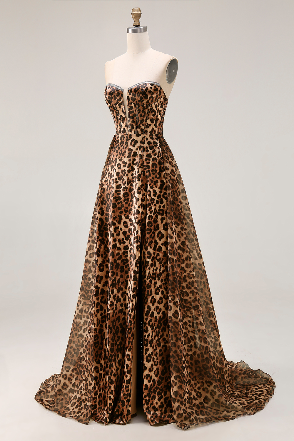Brown Leopard Print Strapless Ball Gown Long Corset Prom Dress