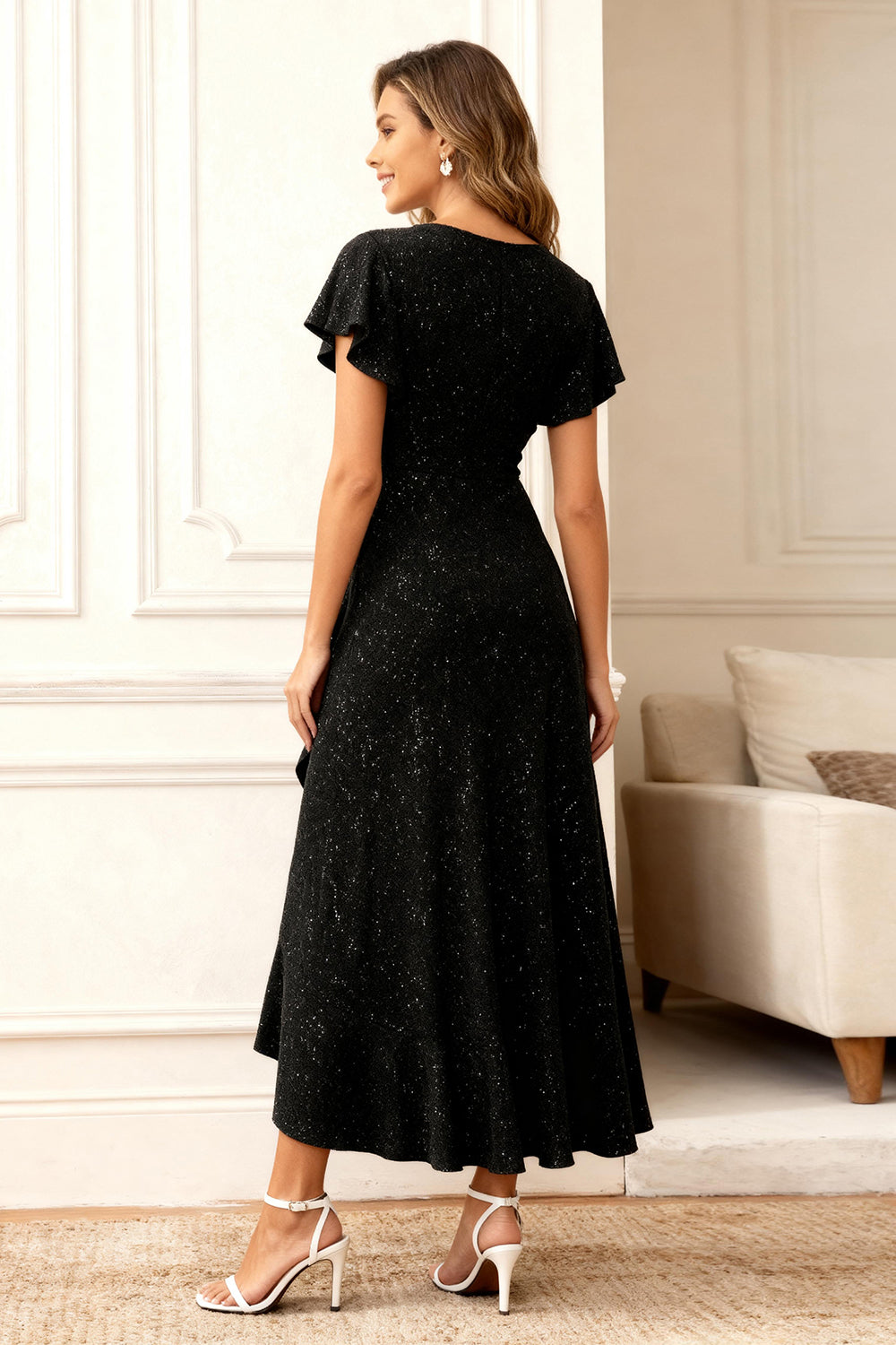 Glitter Black Round Neck Midi Holiday Party Dress with Sleeves