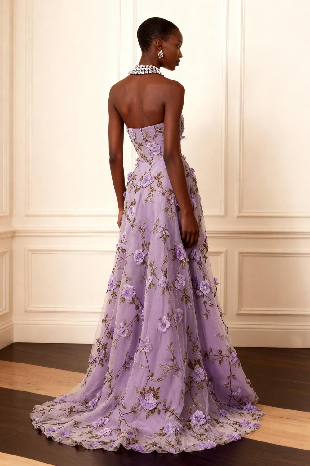 Floral Purple Strapless A Line Long Corset Prom Dress